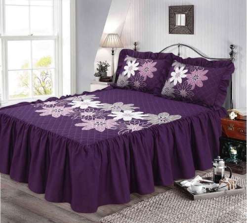 LYNDA Bedspread Quilted with 2 Pillow Shams Set - Floral Prints 23 inches Deep Bed Frilled Valance Sheet Style