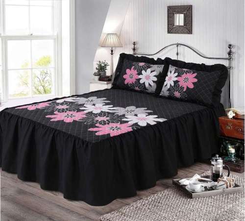 LYNDA luxury quilted bedspread throw 23" Deep Floral Prints Bed Frill With 2 Pillow Shams Set