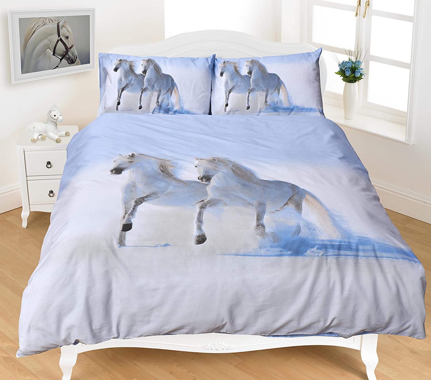 3D Horse Grey Duvet Cover Sets - Polycotton Fabric printed duvet covers with Pillowcases - All UK Sizes