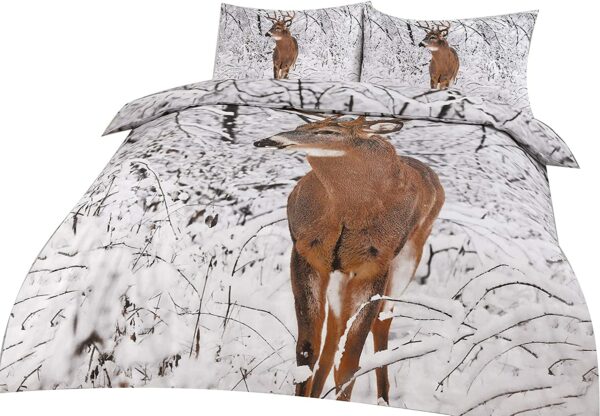 Voice 7 3D Weird Stag Duvet Set - XMAS Special Snow Reindeer Cover Matching Pillow Cases - Super Poly Cotton Bedding Sets UK Sizes (King Duvet Set)